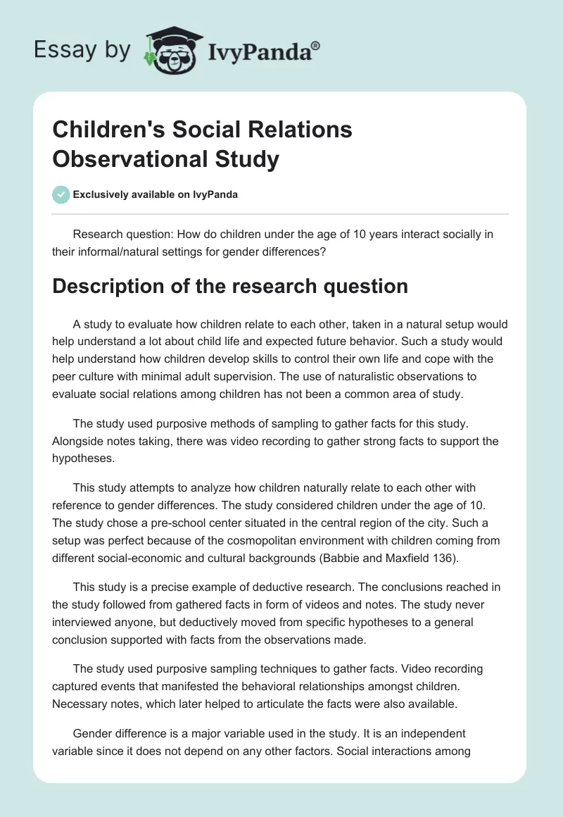 Children's Social Relations Observational Study. Page 1
