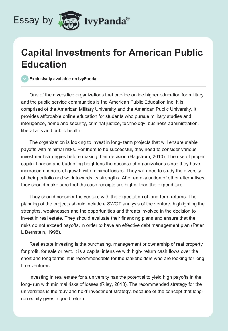 Capital Investments for American Public Education. Page 1