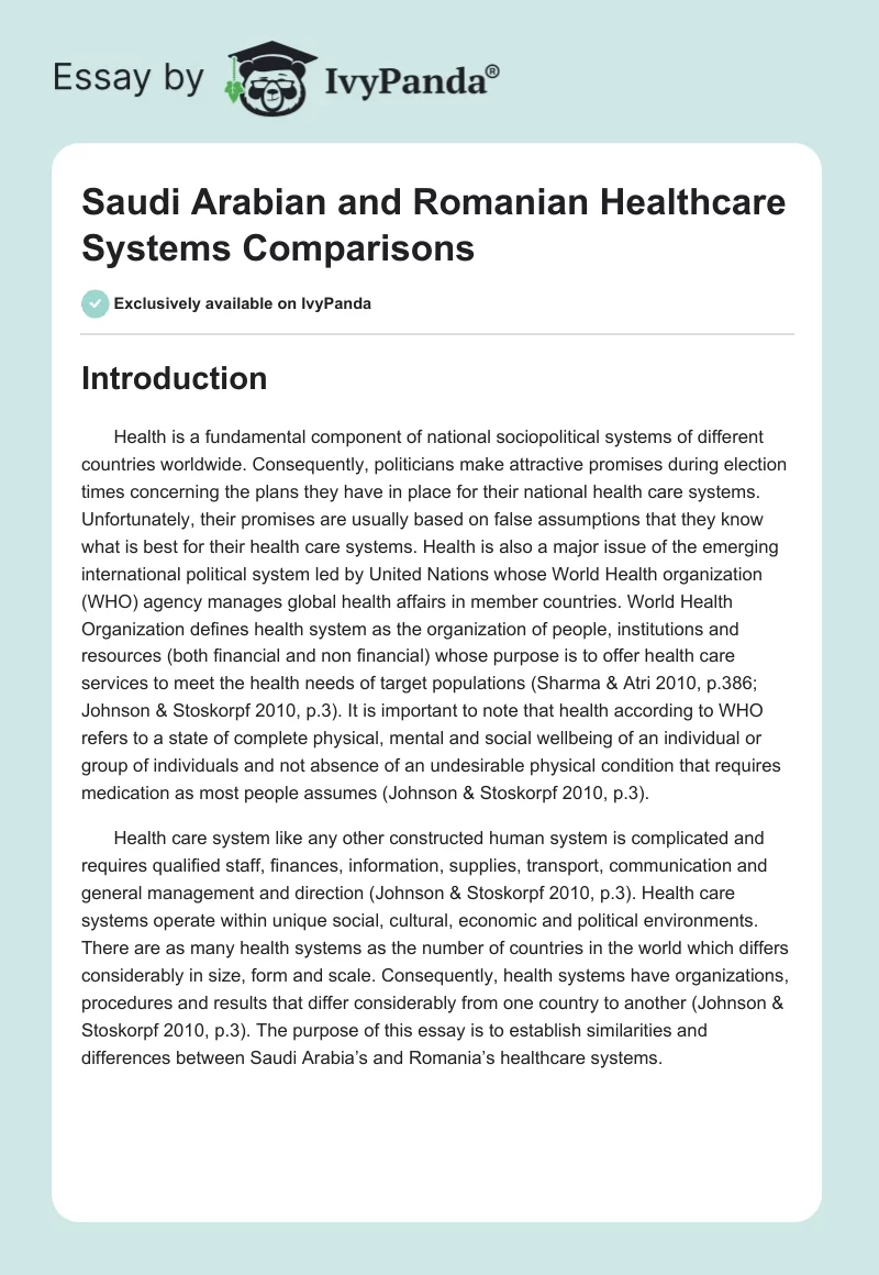 Saudi Arabian and Romanian Healthcare Systems Comparisons. Page 1