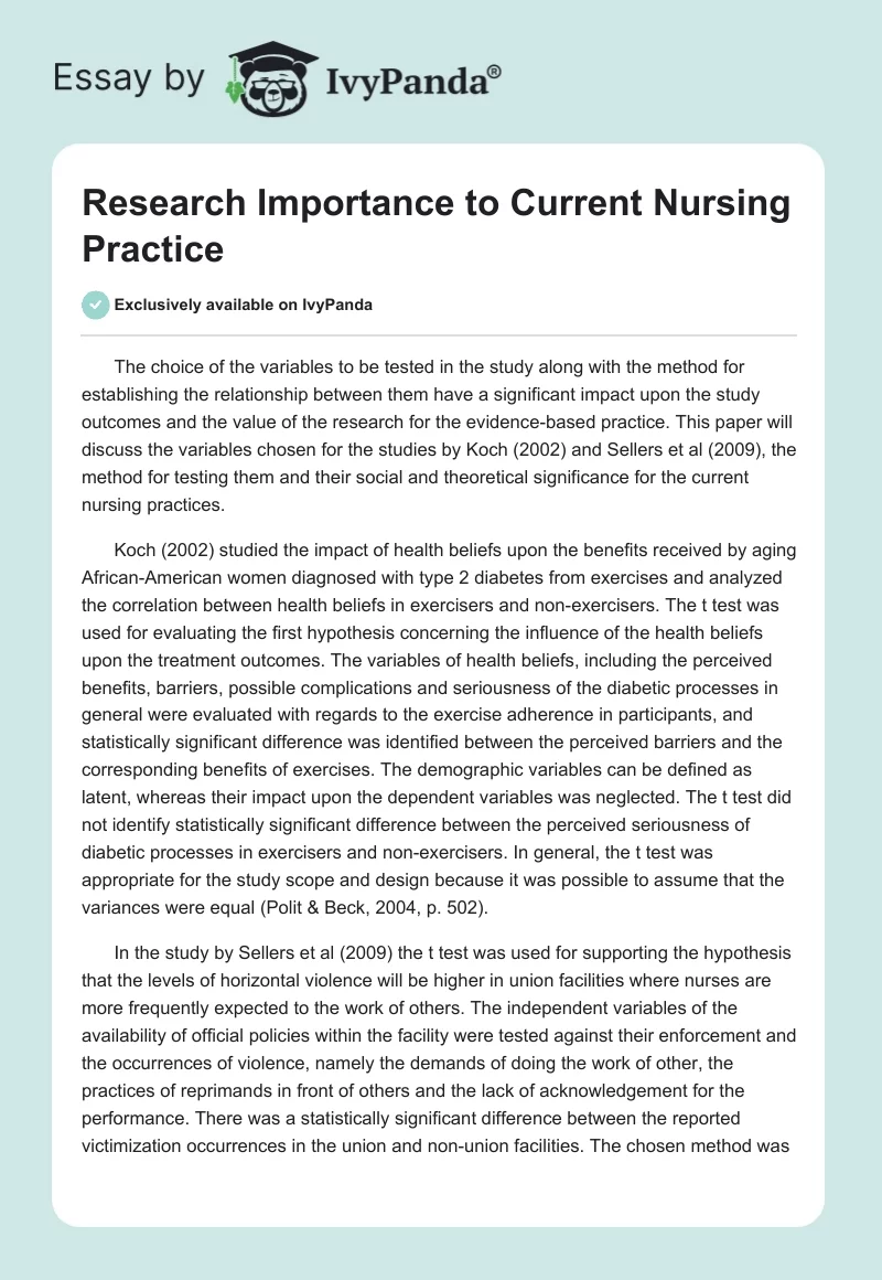 Research Importance to Current Nursing Practice. Page 1