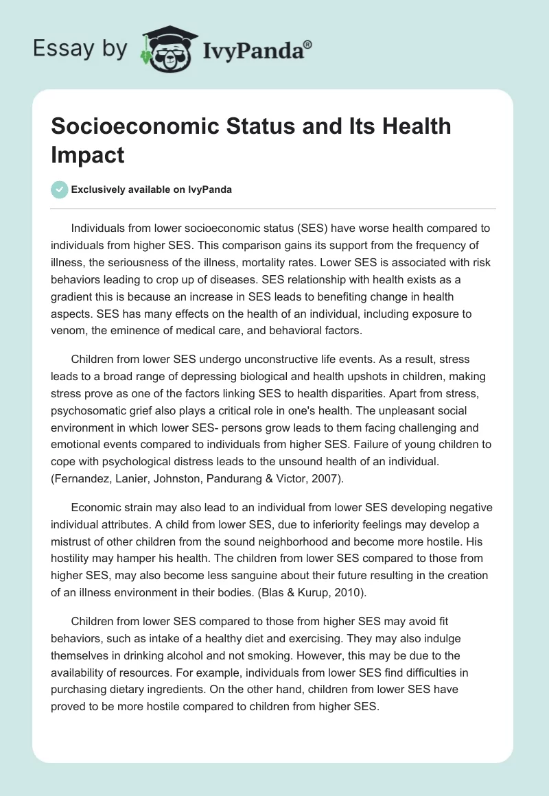 Socioeconomic Status and Its Health Impact. Page 1