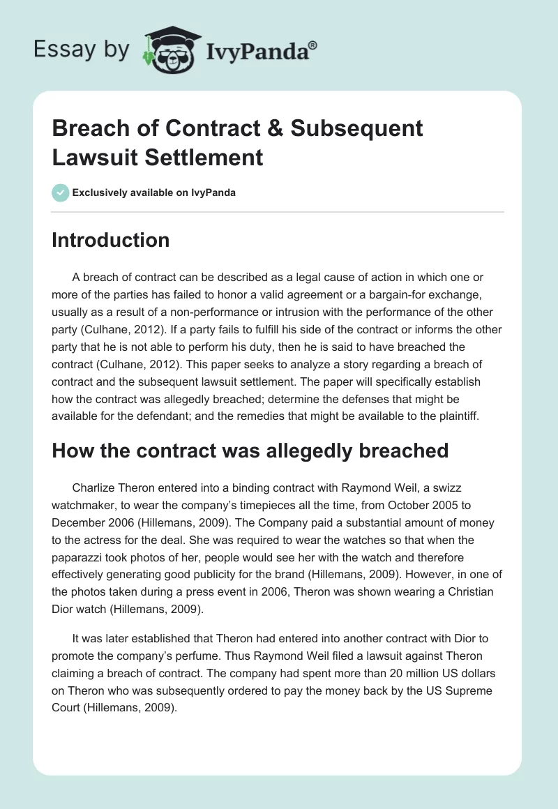 Breach of Contract & Subsequent Lawsuit Settlement. Page 1
