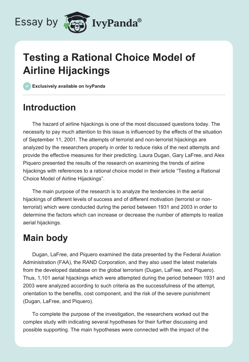 Testing a Rational Choice Model of Airline Hijackings. Page 1