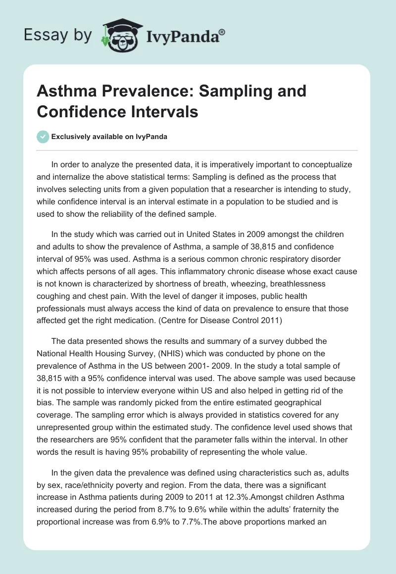 Asthma Prevalence: Sampling and Confidence Intervals. Page 1