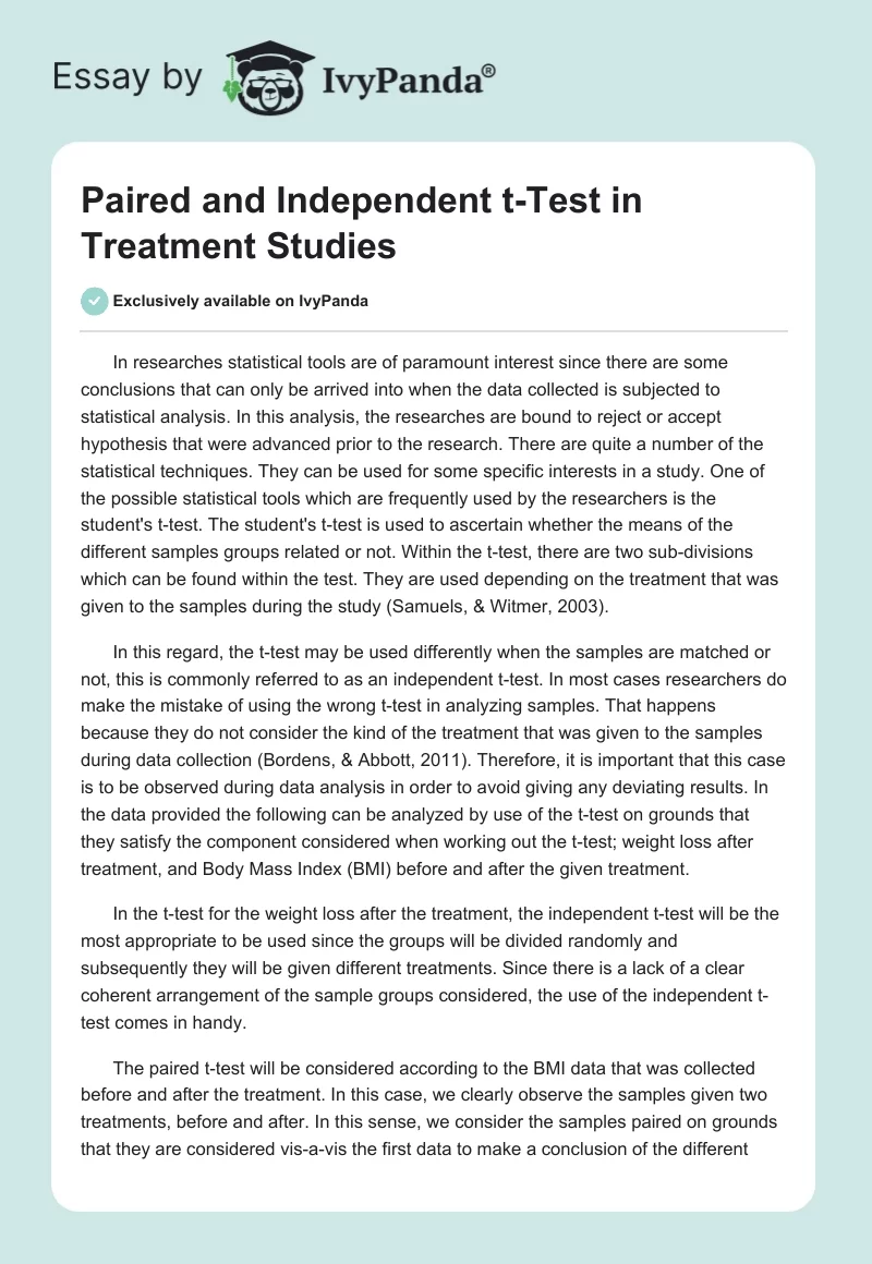 Paired and Independent t-Test in Treatment Studies. Page 1