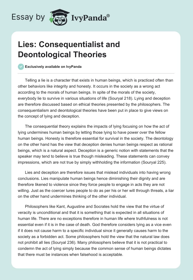Lies: Consequentialist and Deontological Theories. Page 1