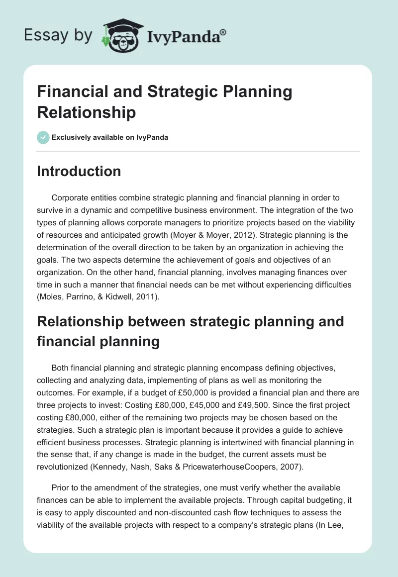 Financial and Strategic Planning Relationship. Page 1