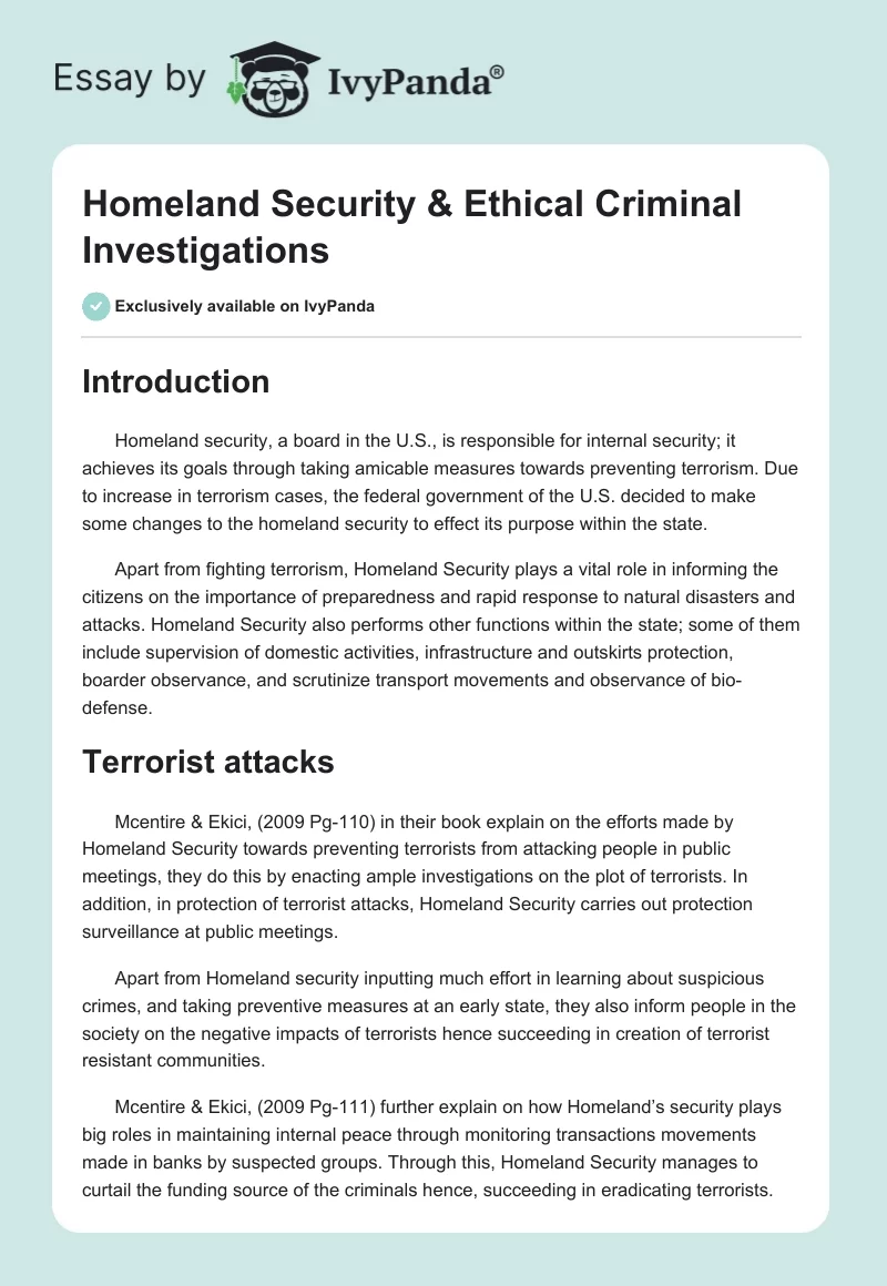 Homeland Security & Ethical Criminal Investigations. Page 1