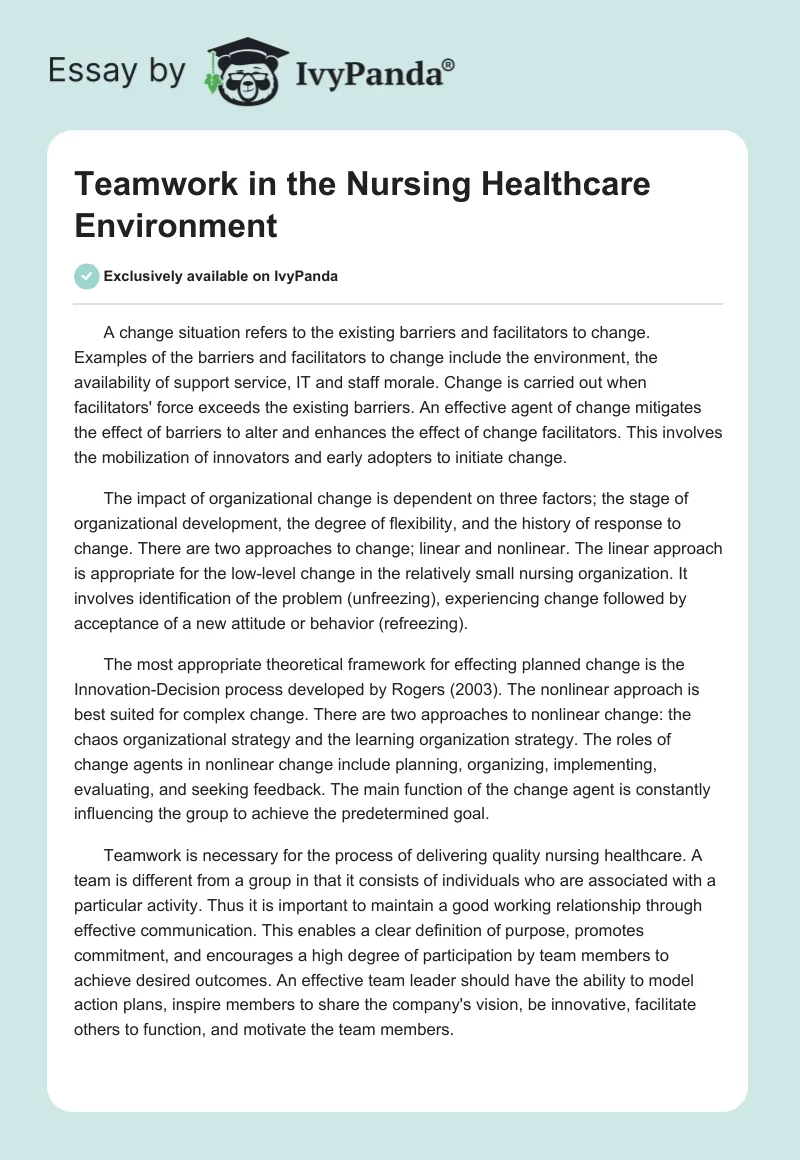 Teamwork in the Nursing Healthcare Environment. Page 1