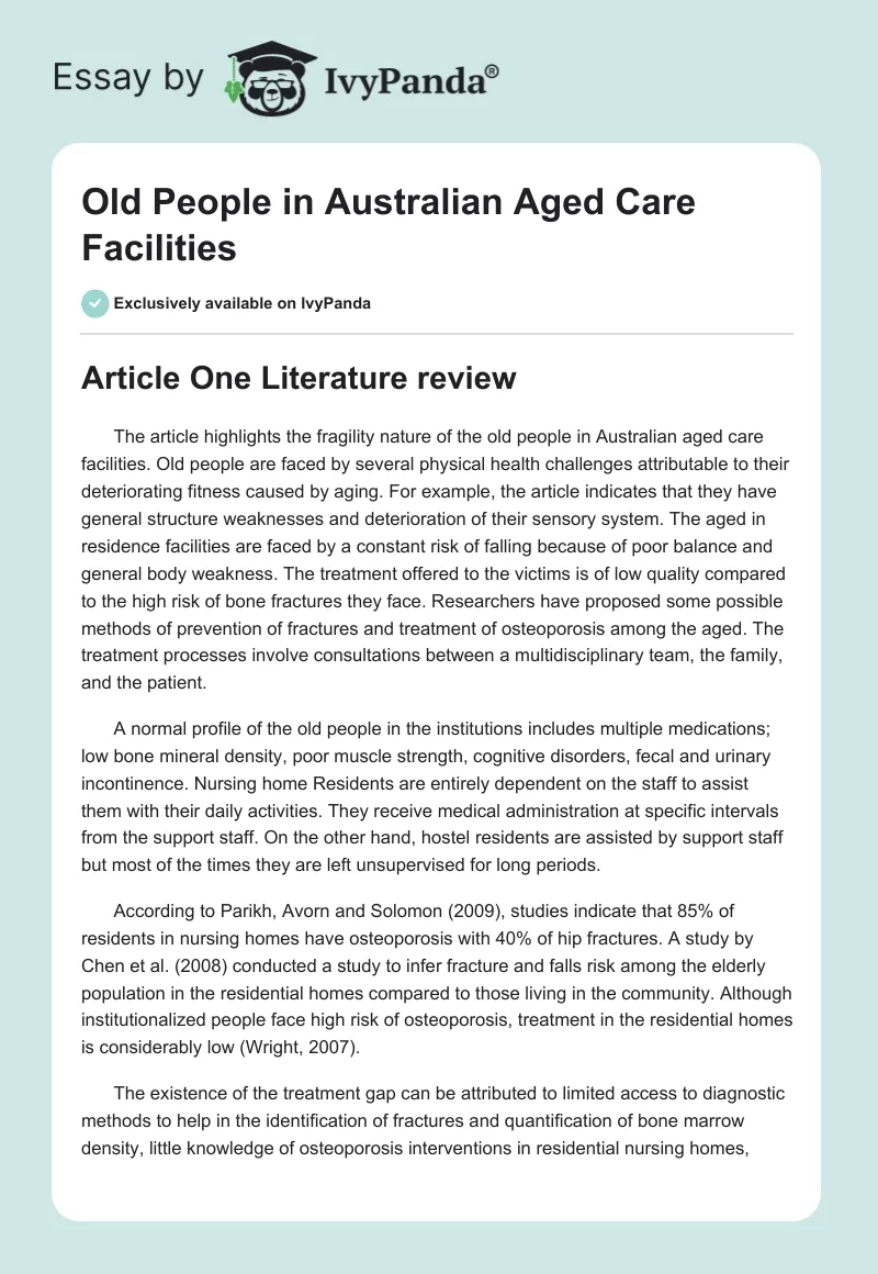 Old People in Australian Aged Care Facilities. Page 1