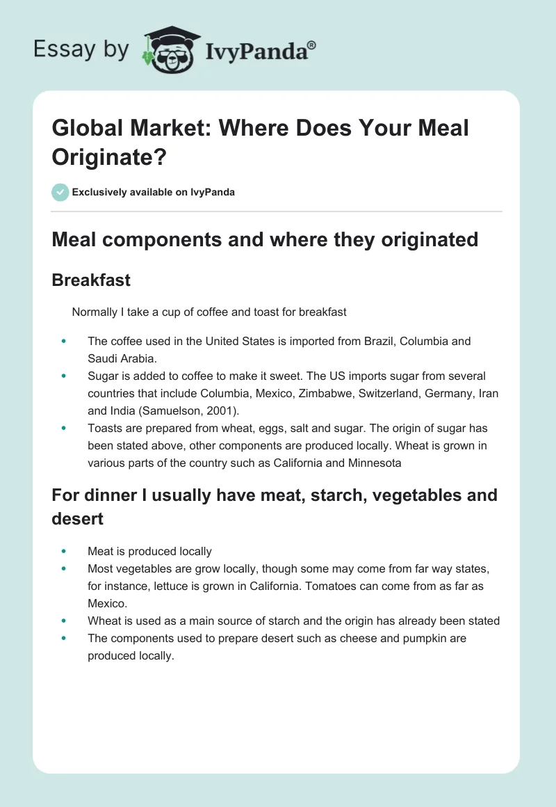 Global Market: Where Does Your Meal Originate?. Page 1
