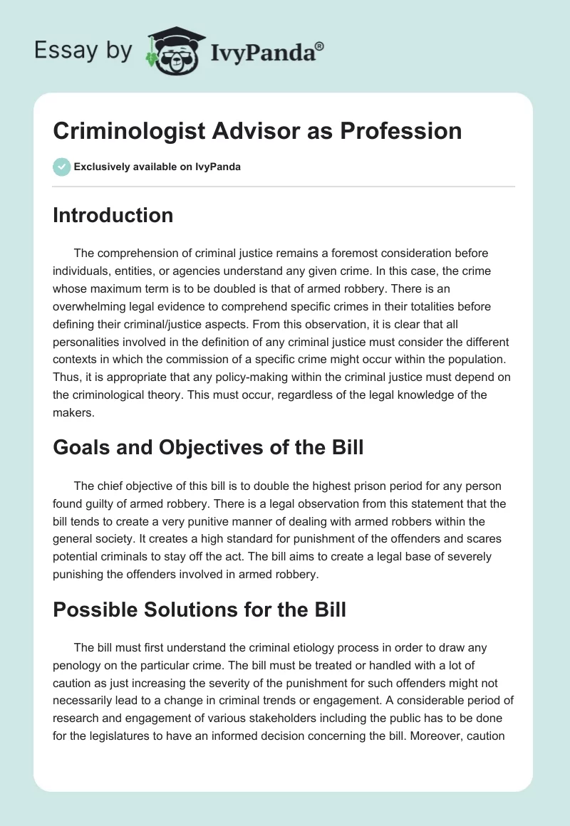 Criminologist Advisor as Profession. Page 1
