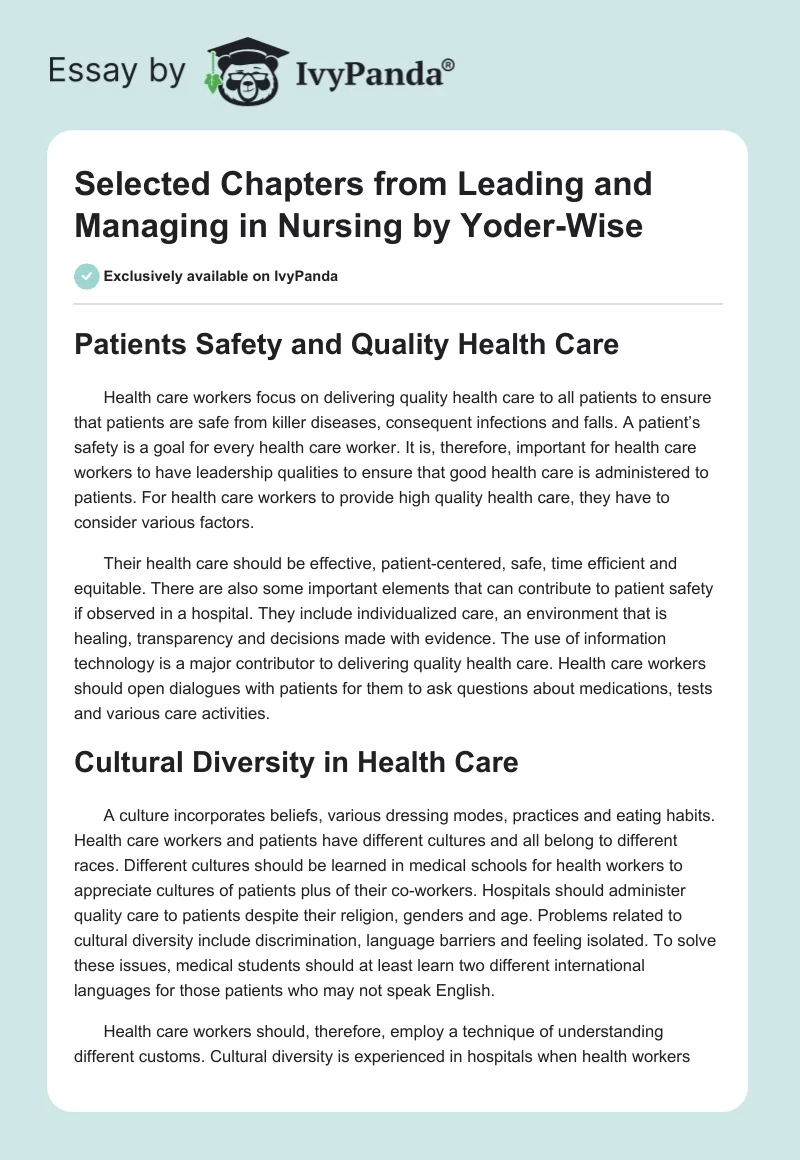Selected Chapters from Leading and Managing in Nursing by Yoder-Wise. Page 1