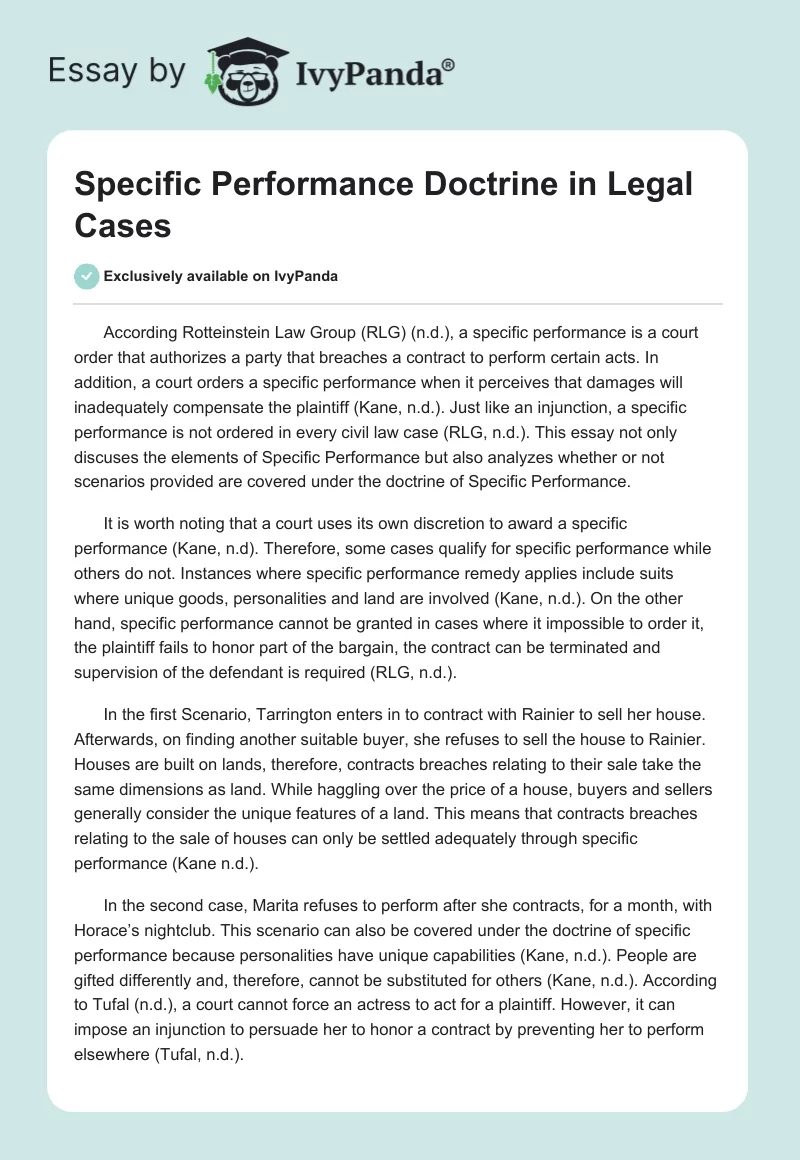 Specific Performance Doctrine in Legal Cases. Page 1