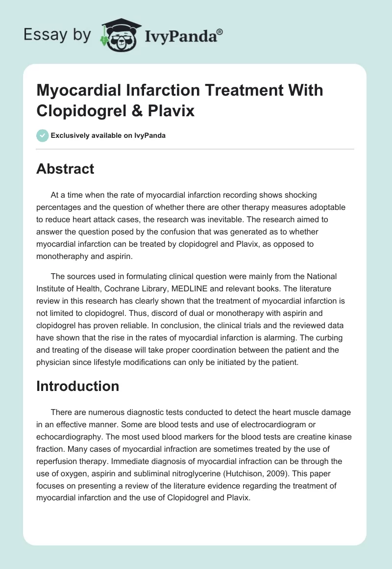 Myocardial Infarction Treatment With Clopidogrel & Plavix. Page 1