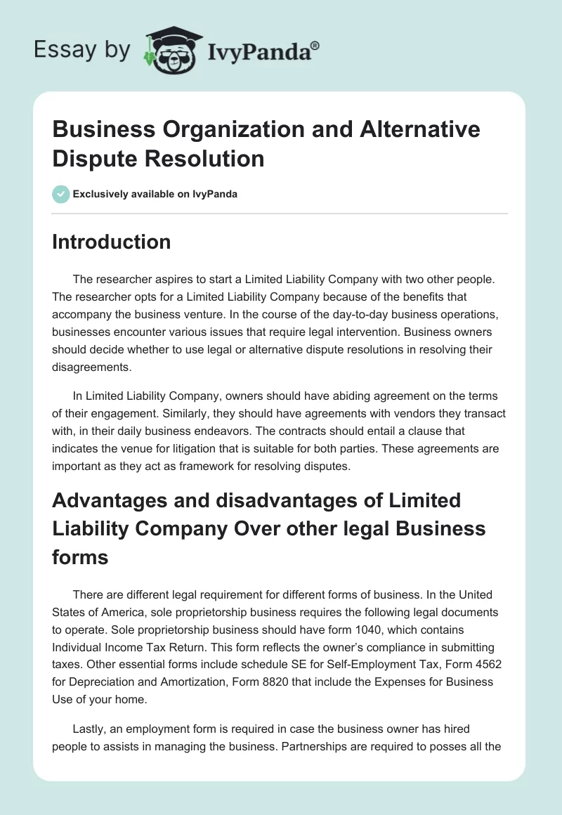Business Organization and Alternative Dispute Resolution. Page 1