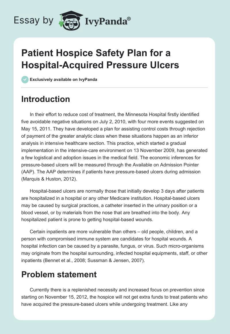Patient Hospice Safety Plan for a Hospital-Acquired Pressure Ulcers. Page 1