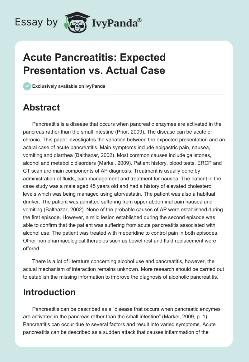 Acute Pancreatitis: Expected Presentation vs. Actual Case. Page 1