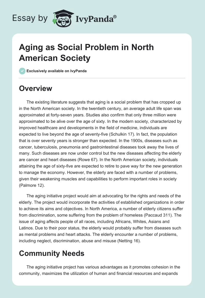 Aging as Social Problem in North American Society. Page 1