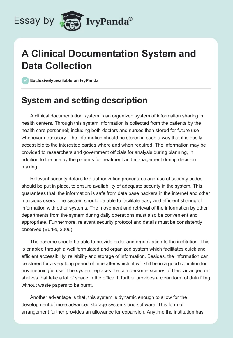 A Clinical Documentation System and Data Collection. Page 1