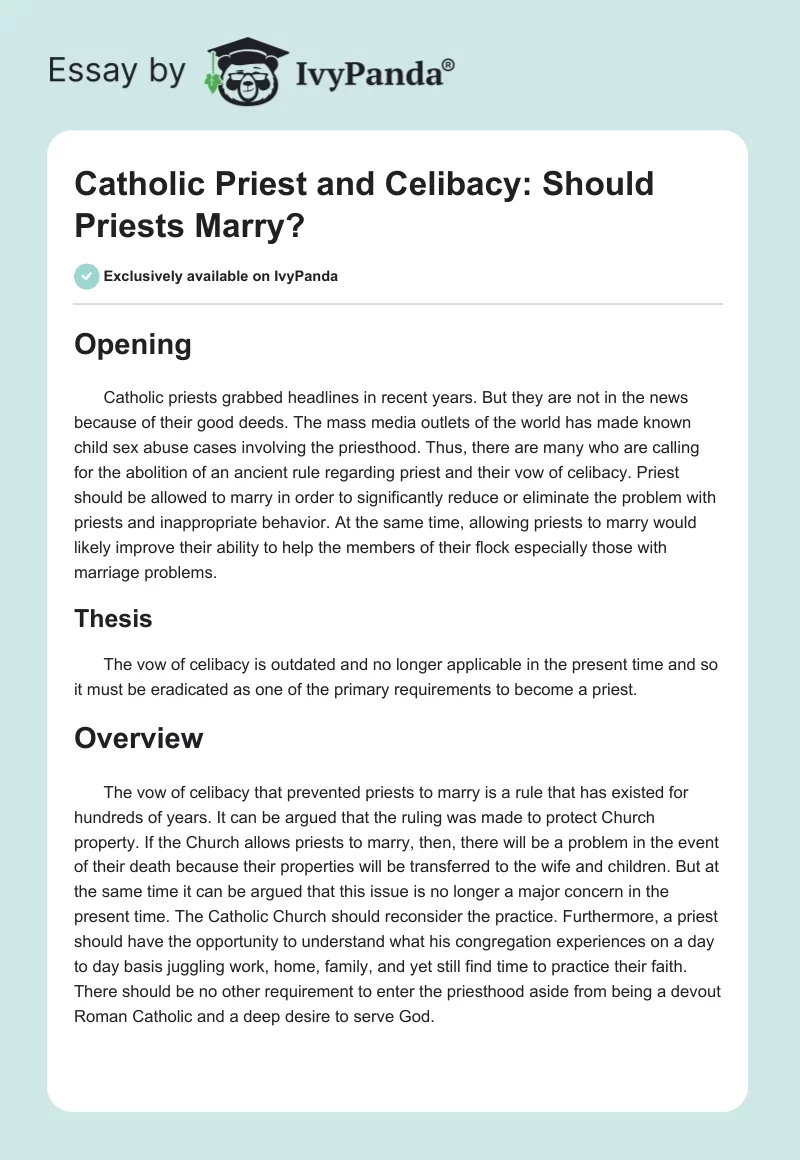 Catholic Priest and Celibacy: Should Priests Marry?. Page 1