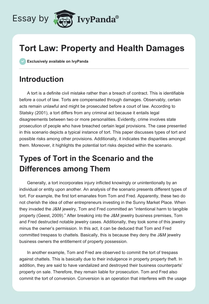 Tort Law: Property and Health Damages. Page 1