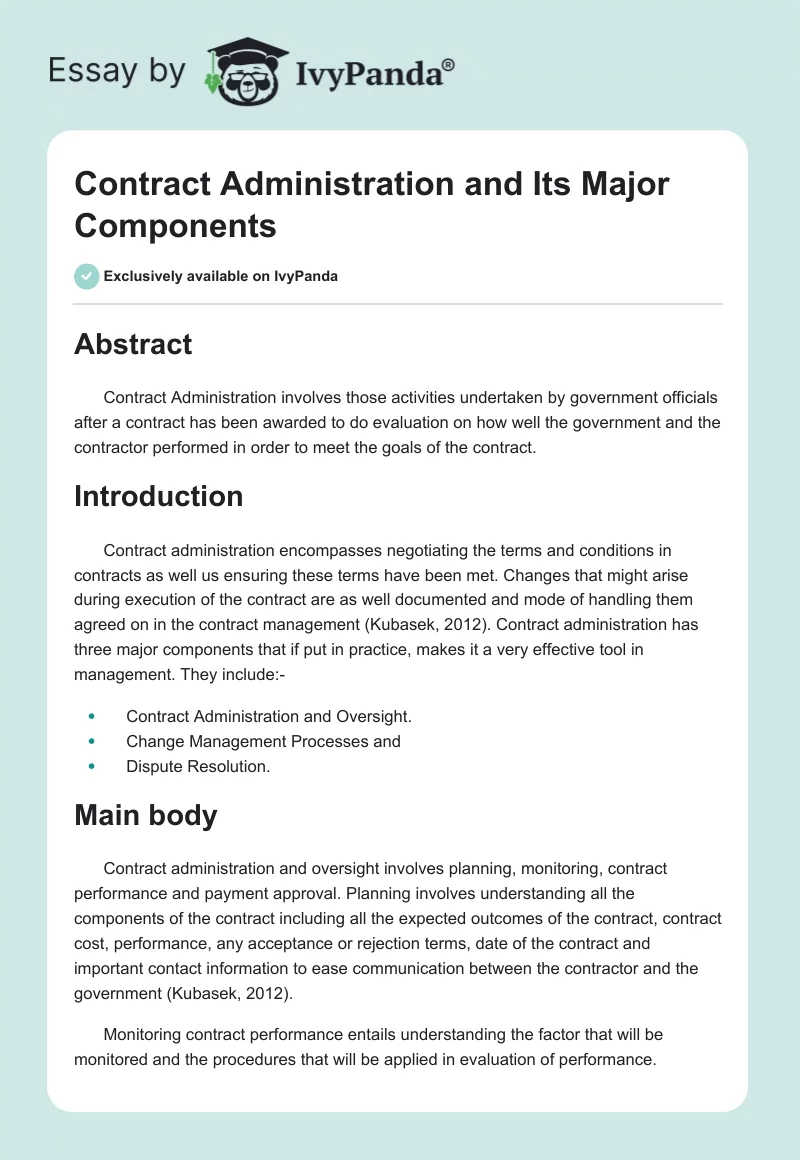 Contract Administration and Its Major Components. Page 1