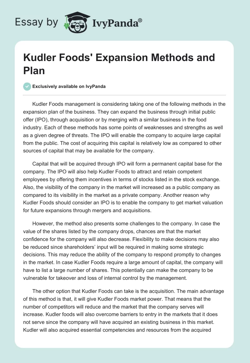 Kudler Foods' Expansion Methods and Plan. Page 1