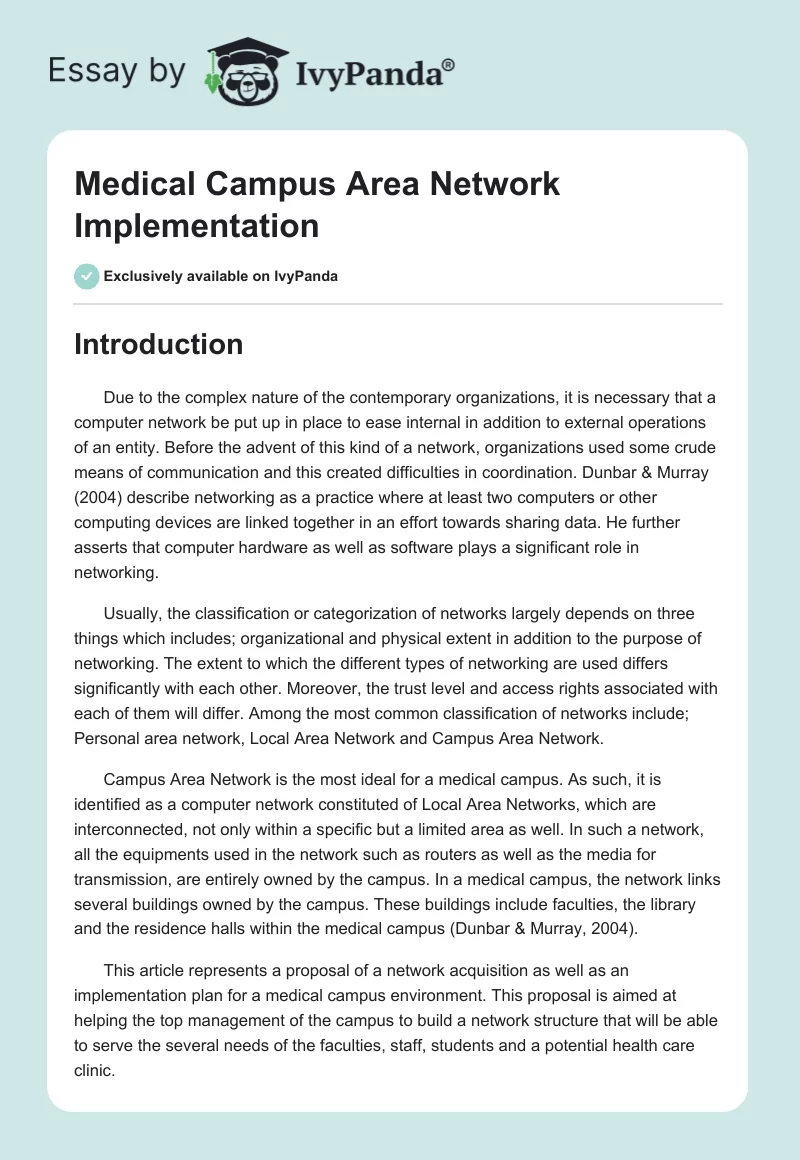 Medical Campus Area Network Implementation. Page 1