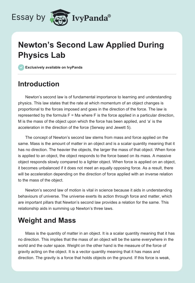 Newton’s Second Law Applied During Physics Lab. Page 1