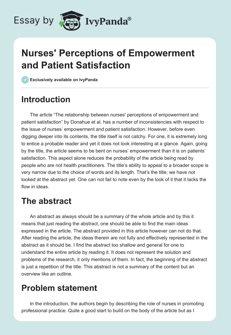 Nurses' Perceptions of Empowerment and Patient Satisfaction. Page 1