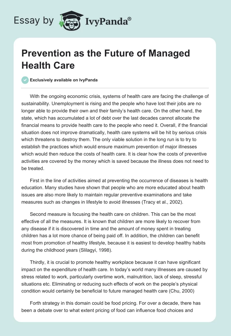 Prevention as the Future of Managed Health Care. Page 1