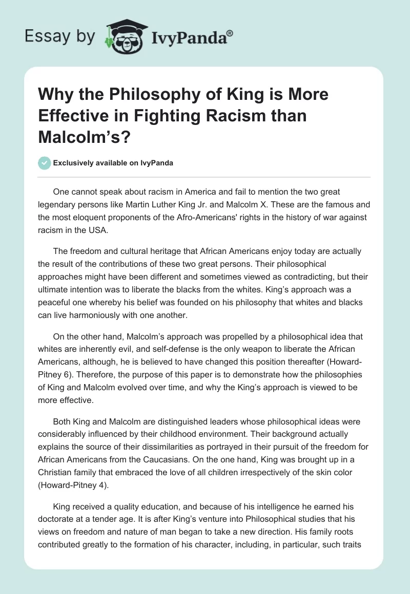 Why the Philosophy of King is More Effective in Fighting Racism than Malcolm’s?. Page 1