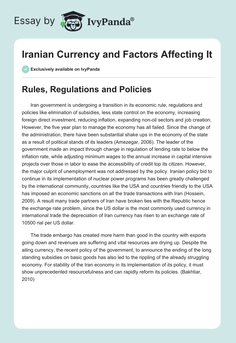 Iranian Currency and Factors Affecting It. Page 1