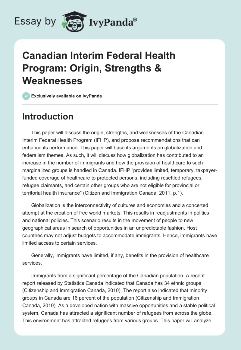 Canadian Interim Federal Health Program: Origin, Strengths & Weaknesses. Page 1