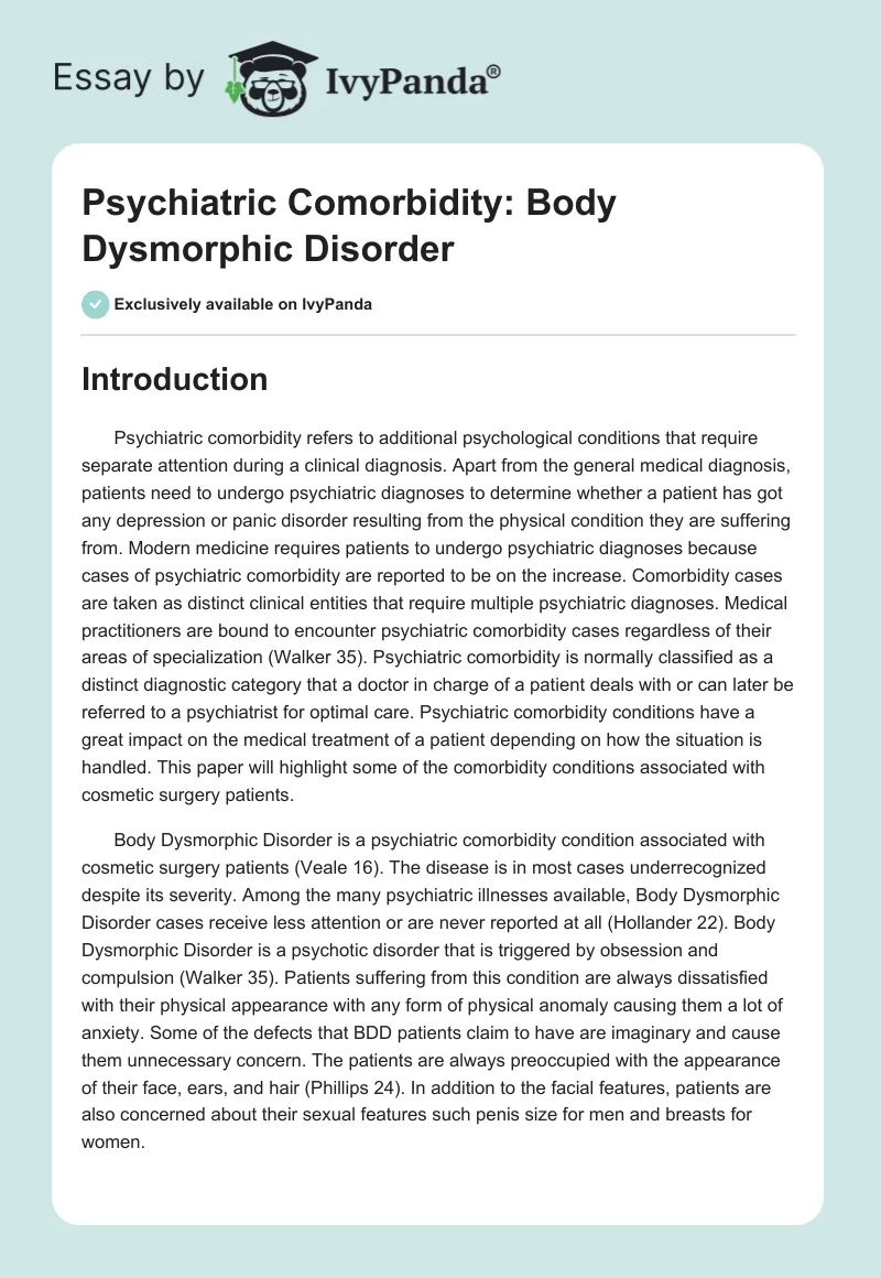 Psychiatric Comorbidity: Body Dysmorphic Disorder. Page 1
