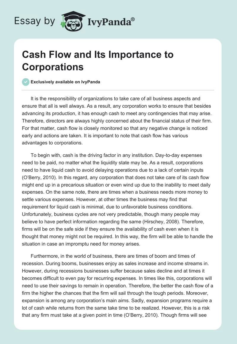 Cash Flow and Its Importance to Corporations. Page 1