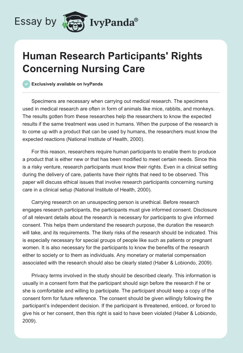 Human Research Participants' Rights Concerning Nursing Care. Page 1