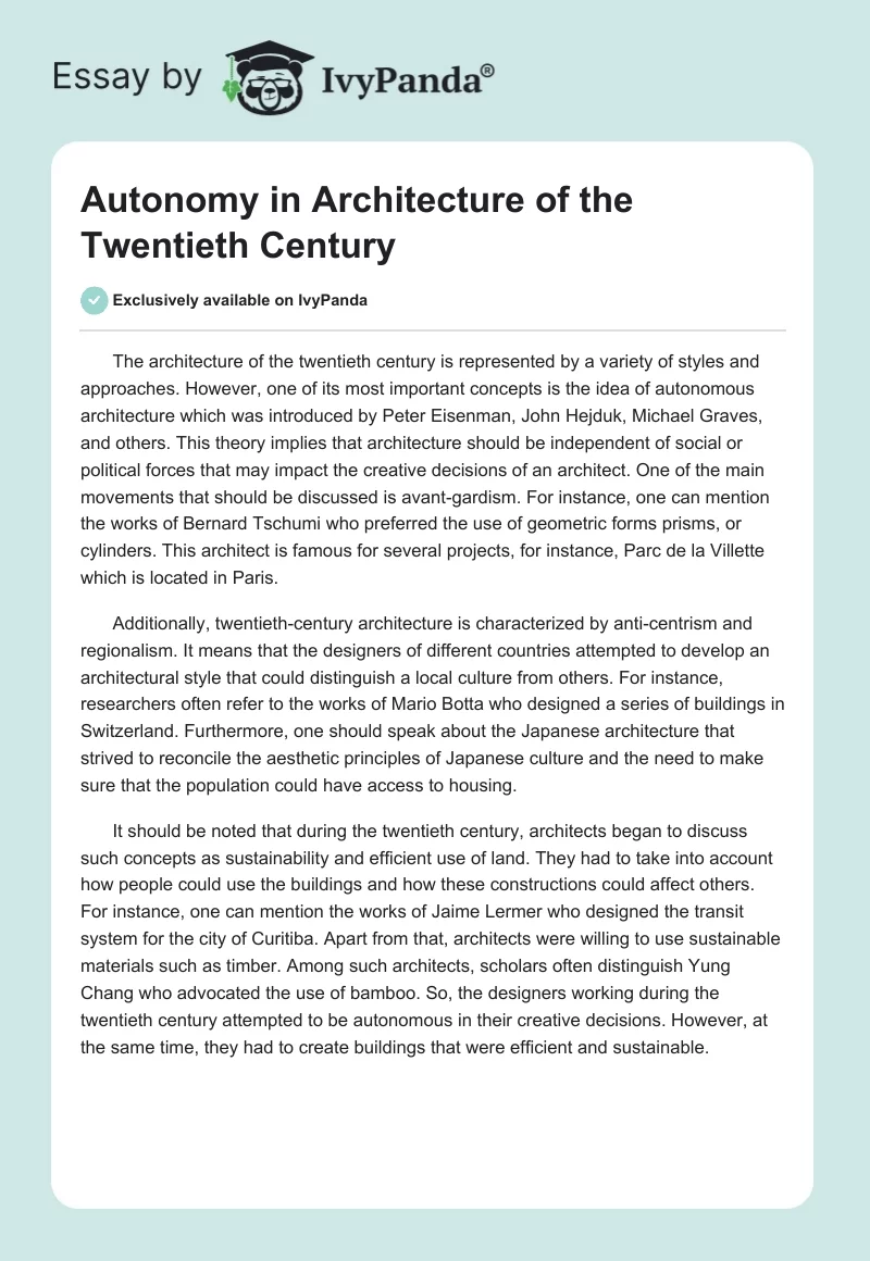 Autonomy in Architecture of the Twentieth Century. Page 1