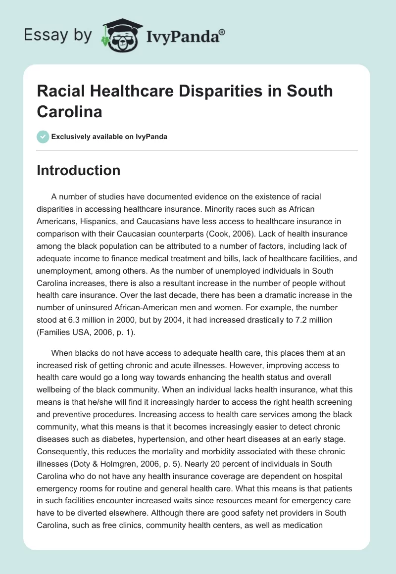 Racial Healthcare Disparities in South Carolina. Page 1