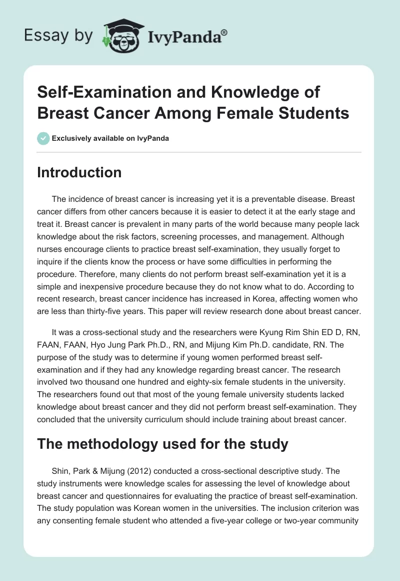 Self-Examination and Knowledge of Breast Cancer Among Female Students. Page 1