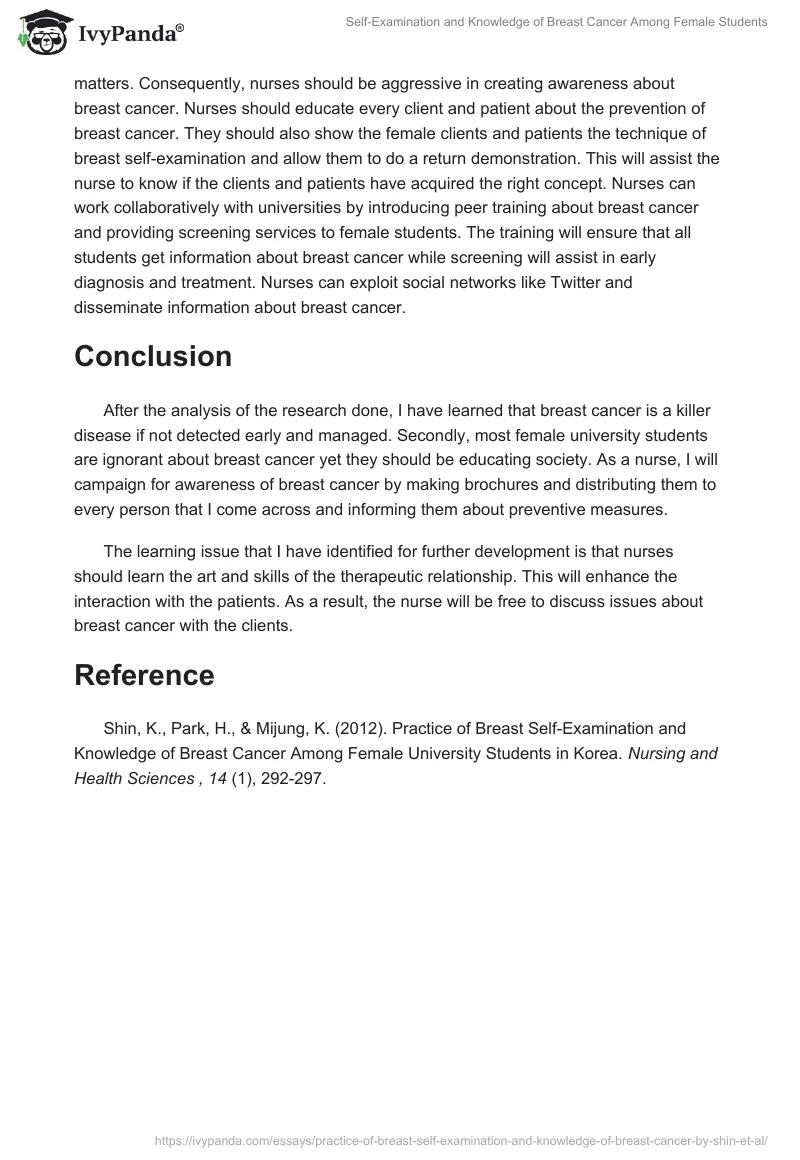 Self-Examination and Knowledge of Breast Cancer Among Female Students. Page 4