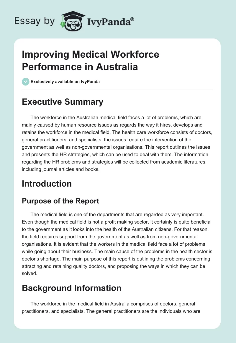 Improving Medical Workforce Performance in Australia. Page 1
