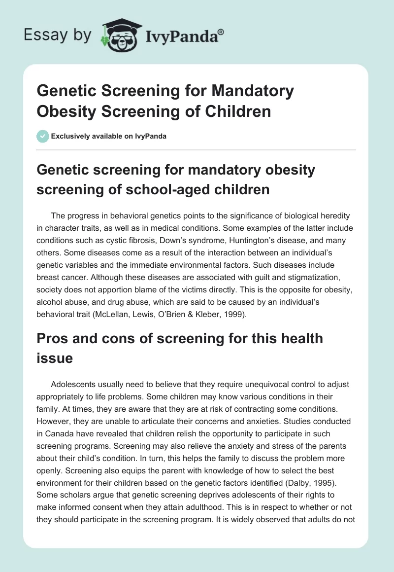 Genetic Screening for Mandatory Obesity Screening of Children. Page 1