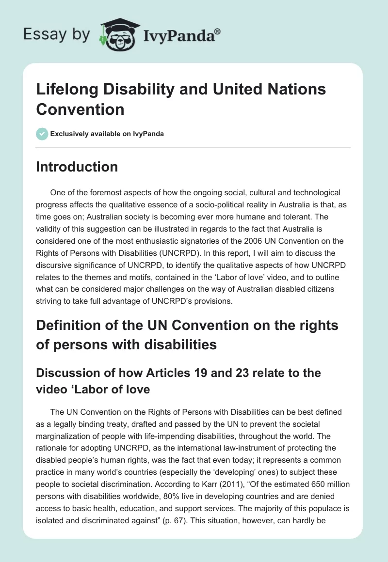 Lifelong Disability and United Nations Convention. Page 1