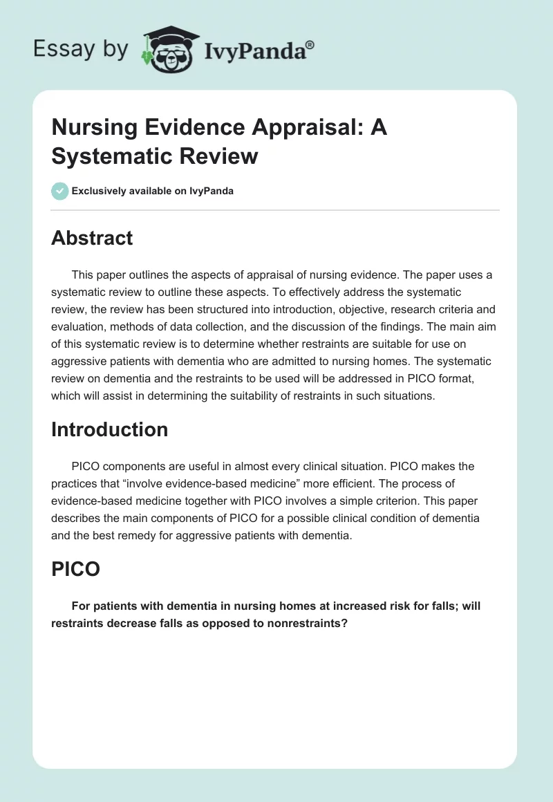 Nursing Evidence Appraisal: A Systematic Review. Page 1