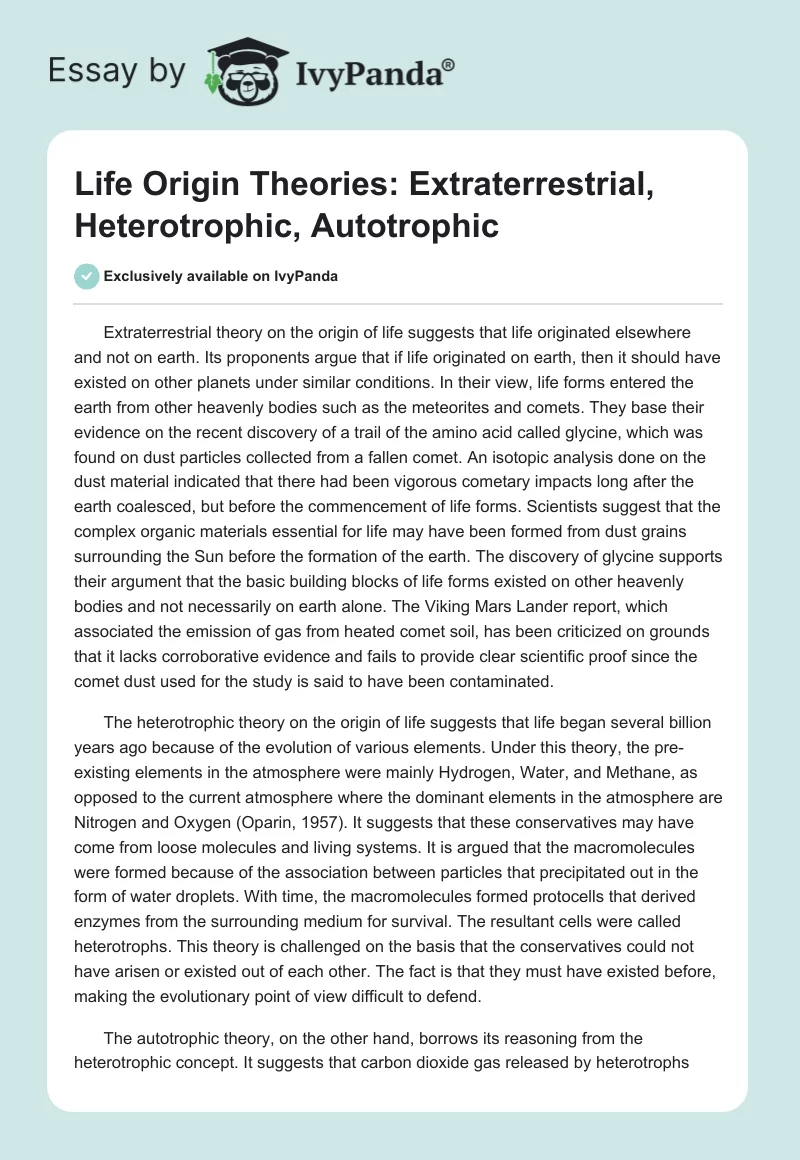 Life Origin Theories: Extraterrestrial, Heterotrophic, Autotrophic. Page 1