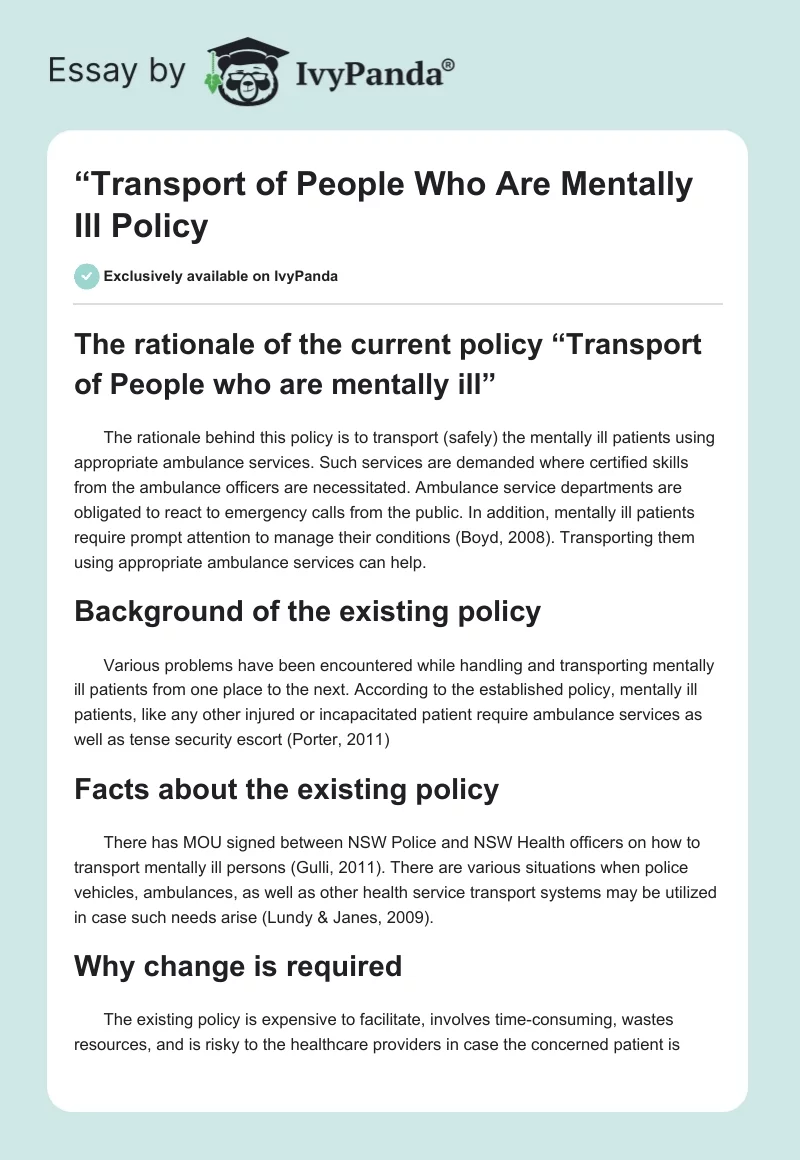 “Transport of People Who Are Mentally Ill" Policy. Page 1