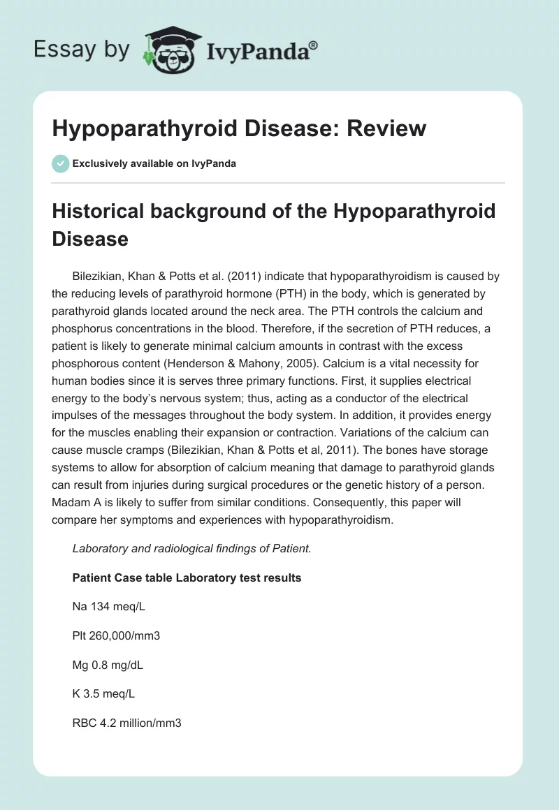 Hypoparathyroid Disease: Review. Page 1