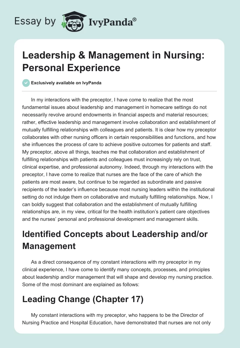 Leadership & Management in Nursing: Personal Experience. Page 1